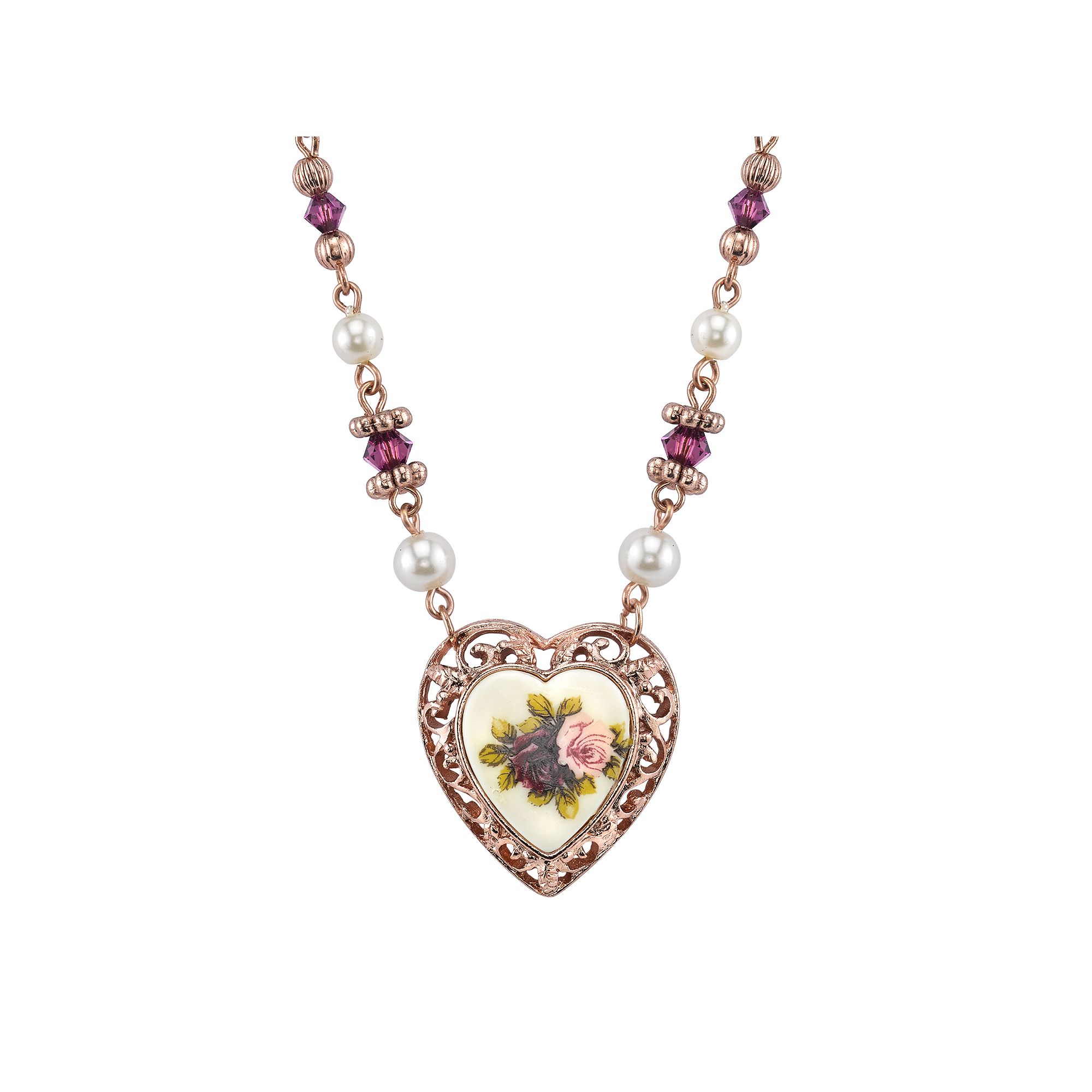 1928 Floral Filigree Heart Necklace, Womens, Brown Tone