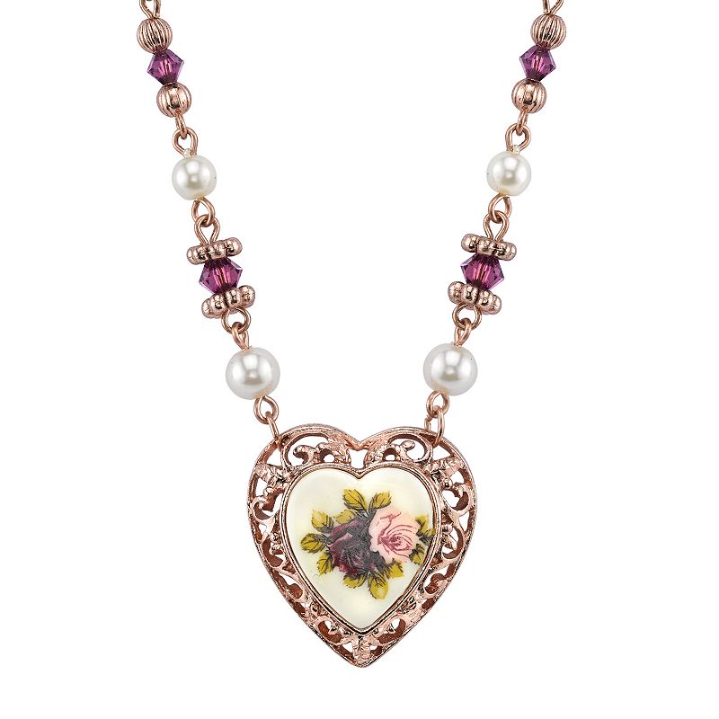 1928 Floral Filigree Heart Necklace, Womens, Multicolor