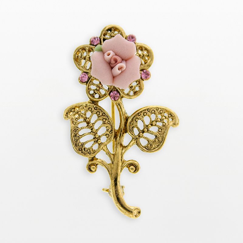 1928 Gold Tone Crystal Floral Brooch, Womens, Pink