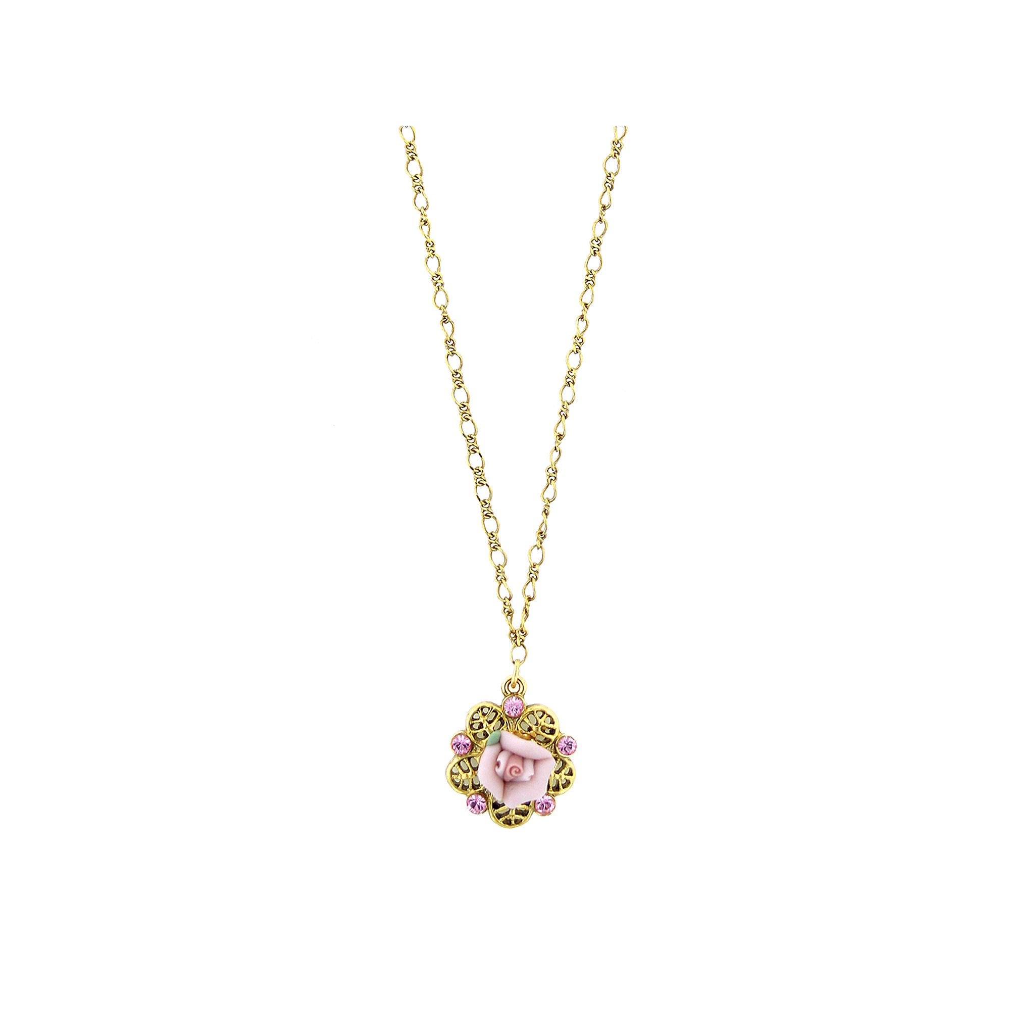 1928 Porcelain Rose Filigree Necklace, Womens, Gold Tone