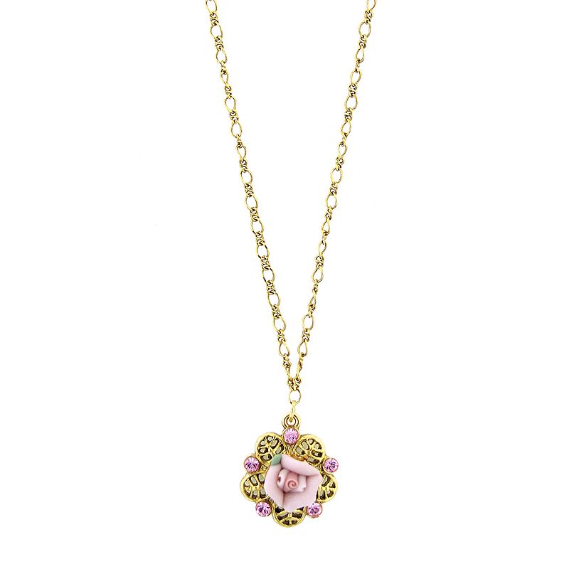 1928 Porcelain Rose Filigree Necklace, Womens, Pink