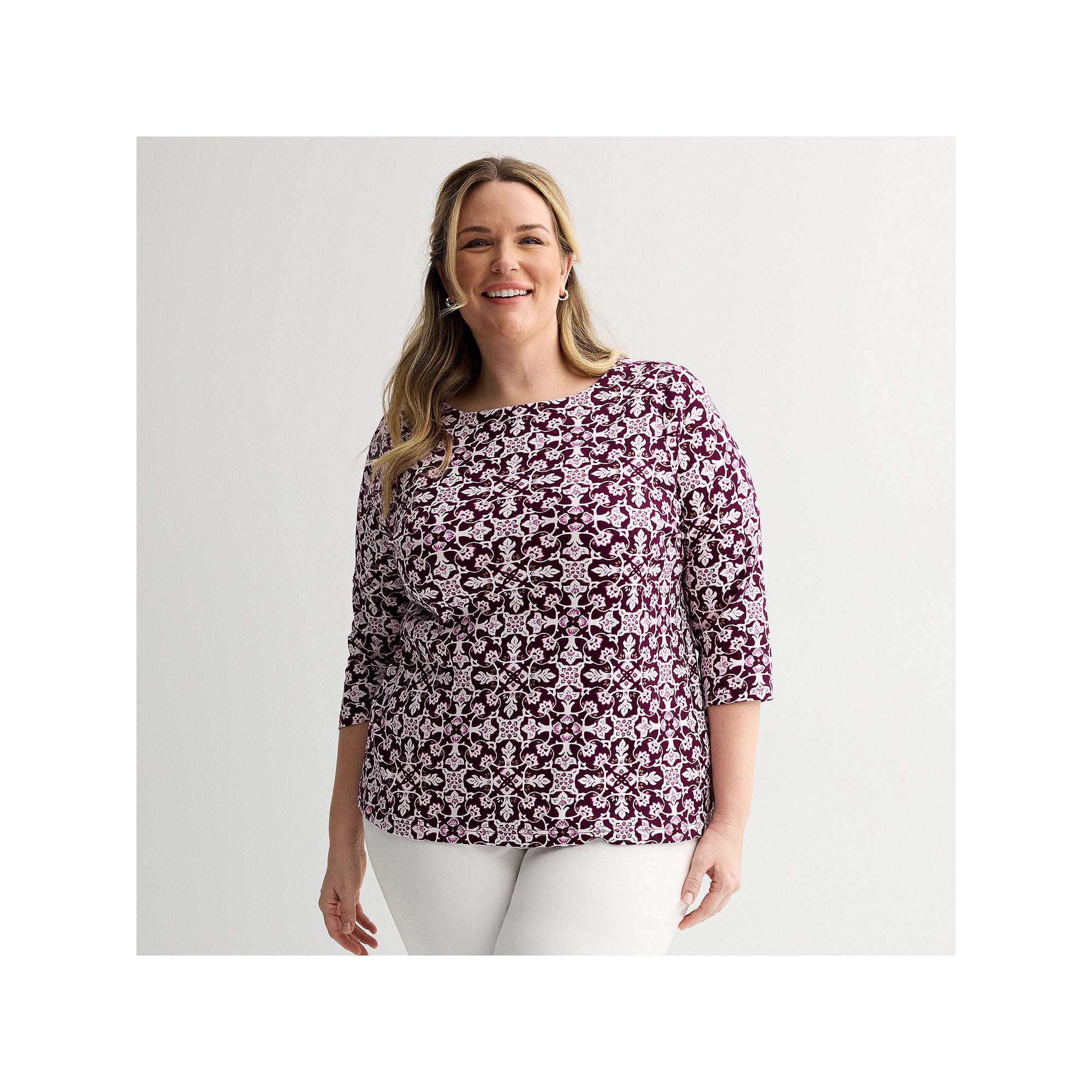 Plus Size Croft & Barrow® Boatneck Top, Womens, Size: 0X, Pink Folk Mosai