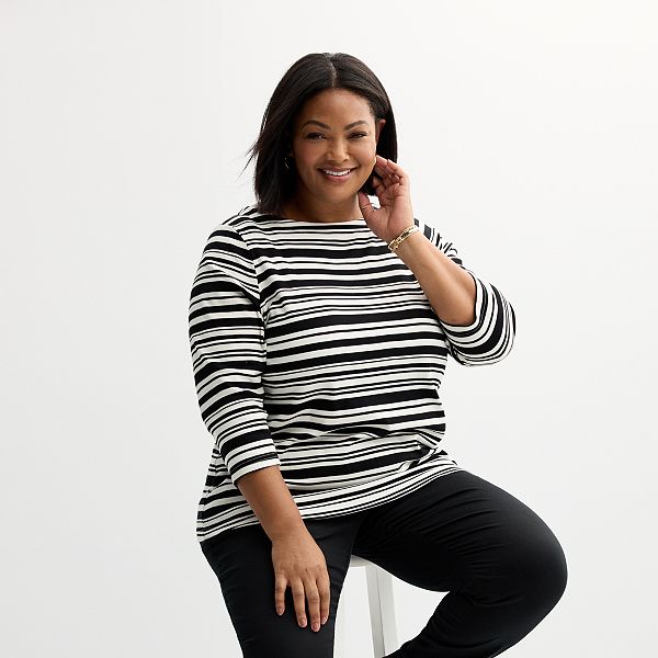 Plus Size Croft & Barrow® Boatneck Top - Black Bold Stripe (0X)