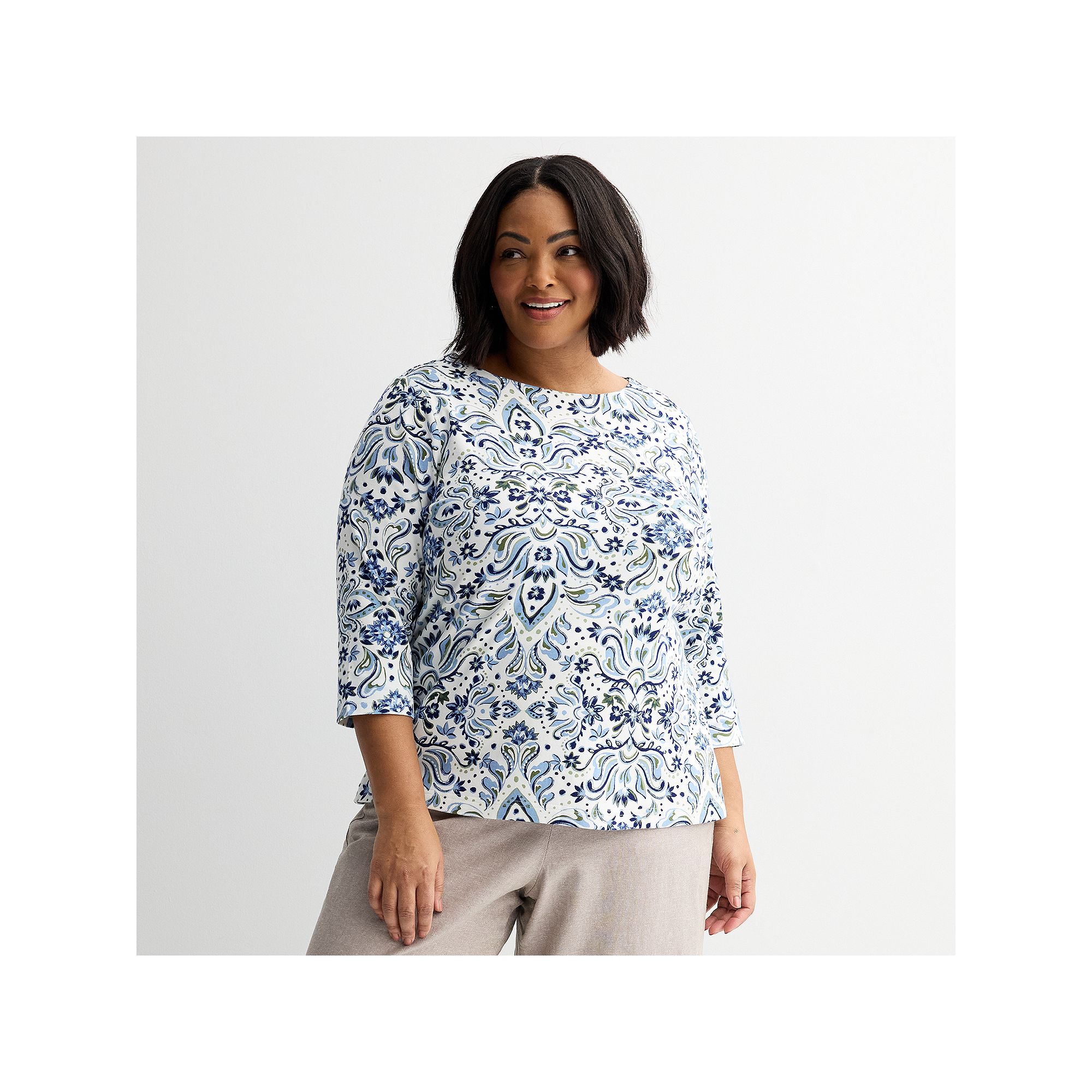 Plus Size Croft & Barrow® Boatneck Top, Womens, Size: 0X, Blue Ornate Flo