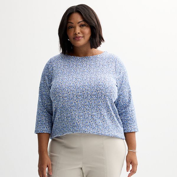 Plus Size Croft & Barrow® Boatneck Top - Blue Tiny Floral (0X)