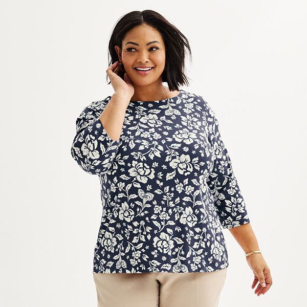 Plus Size Croft & Barrow&reg; Boatneck Top - Navy Blooms (0X)