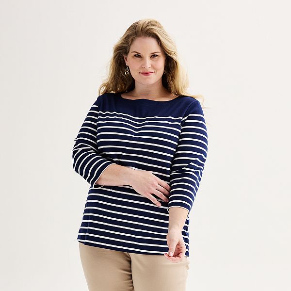 Plus Size Croft & Barrow&reg; Boatneck Top - Navy White Stripe (0X)