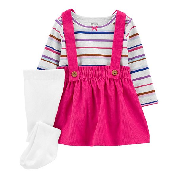 Baby Girl Carter's Striped Tee, Corduroy Jumper, & Tights Set