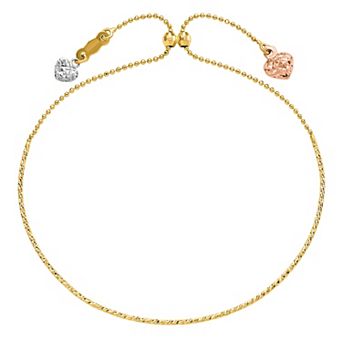 14k Gold Tri-Tone Heart Adjustable Bracelet