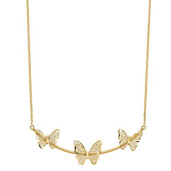 14k Gold Polished Filigree 3-Butterfly Bar Necklace