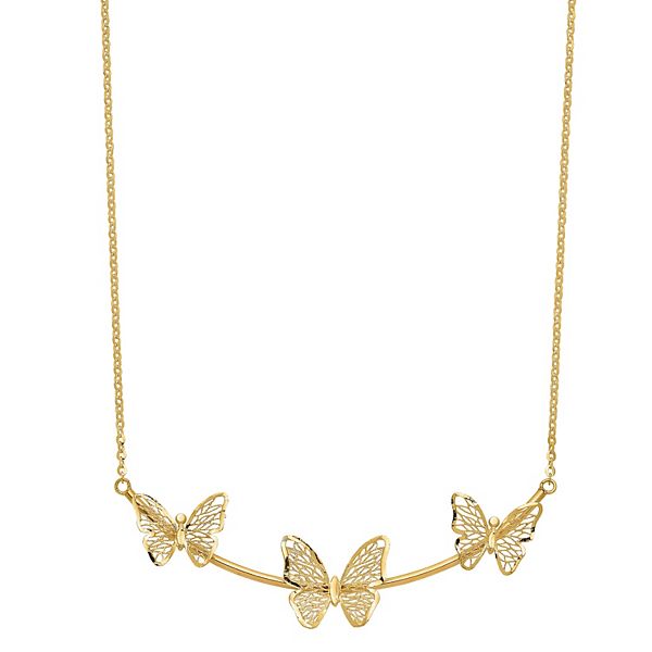 14k Gold Polished Filigree 3 Butterfly Bar Necklace