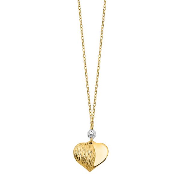 Two Tone 14k Gold Textured Polished Puffed Heart Necklace