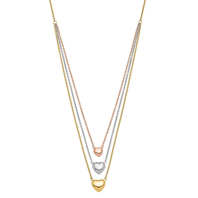14k Gold Tri-Tone Three Heart Necklace, Womens, Size: 17, Multicolor
