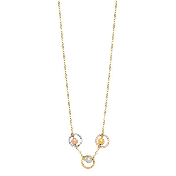 14k Gold Tri-Tone Polished 3 Circle Bead Necklace