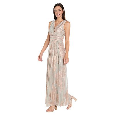 knee length dresses for ladies Betsy & Adam Women's Metallic V-Neck Long-Sleeve Gown - Mocha Gold