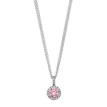 Diamonore Sterling Silver Pink & White Cubic Zirconia Halo Necklace