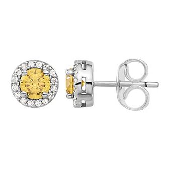 Diamonore Sterling Silver Yellow & White Cubic Zirconia Halo Stud Earrings