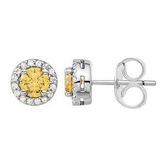 Diamonore Sterling Silver Yellow & White Cubic Zirconia Halo Stud Earrings