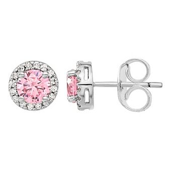 Diamonore Sterling Silver Pink & White Cubic Zirconia Halo Stud Earrings