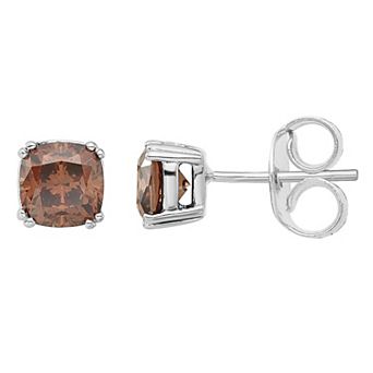 Sterling Silver Brown Diamonore 6 mm Cubic Zirconia Cushion Stud Earrings