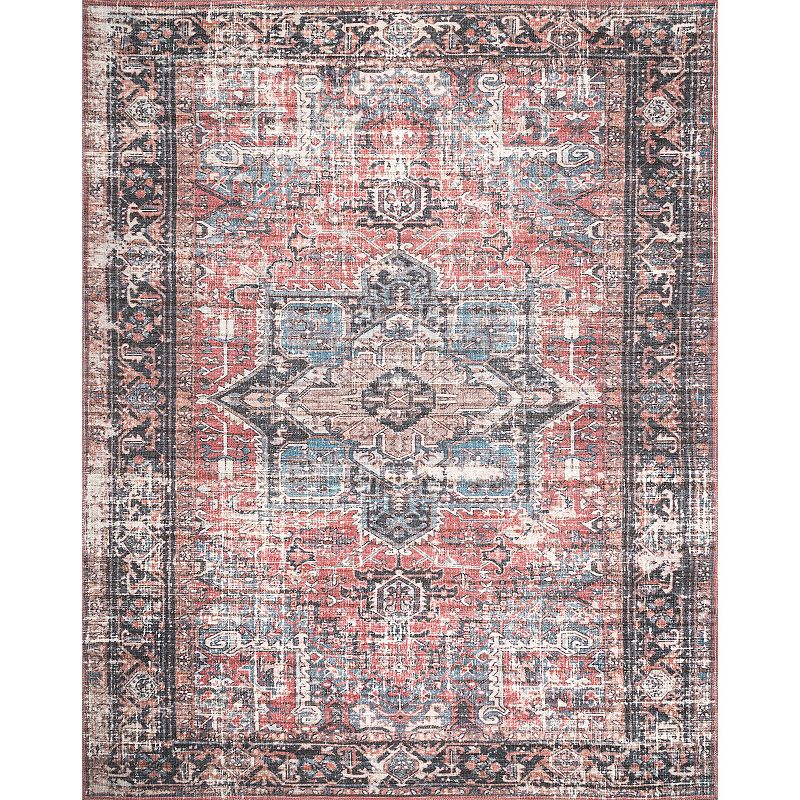 nuLOOM Jessie Machine Washable Distressed Traditional Medallion Area Rug, Orange, 7X9 Ft