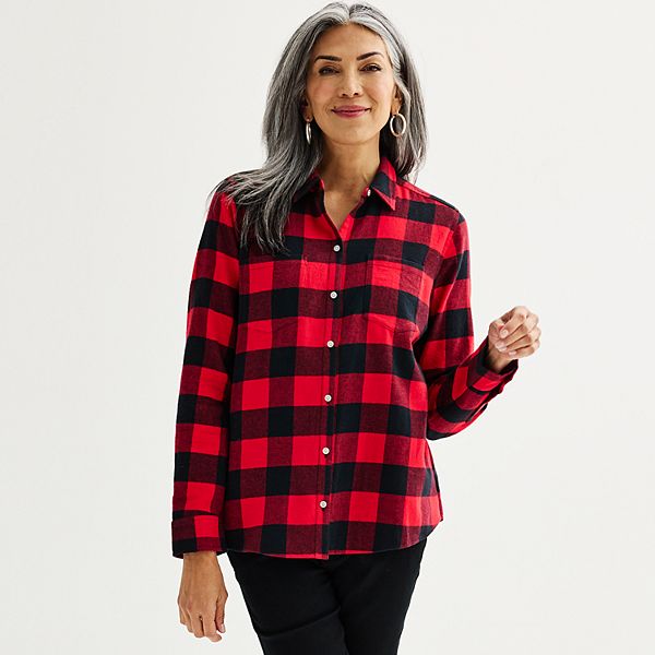 Petite Croft & Barrow® The Extra Soft Plaid Flannel Shirt - Red Buffalo Check (XS PETITE)