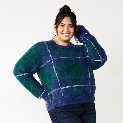 Juniors Plus Size SO Fuzzy Cropped Print Sweater