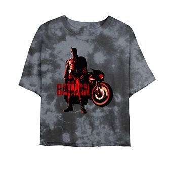Juniors' DC Comics Batman Batcycle Red Light Bombard Wash Crop Tee