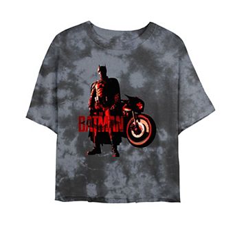 Juniors' DC Comics Batman Batcycle Red Light Bombard Wash Crop Tee