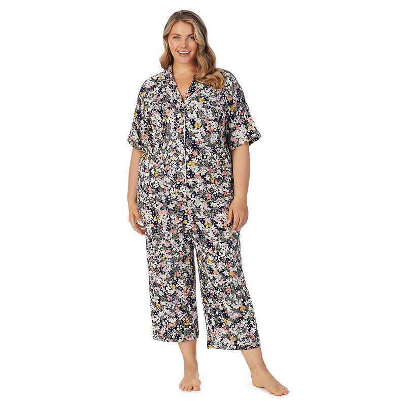 Plus Size Cuddl Duds Cozy Short Sleeve Pajama Shirt & Wide Leg Cropped Paja