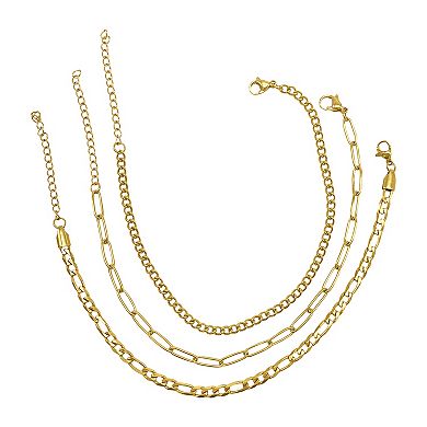 Adornia 14k Gold Plated Stainless Steel Curb Chain, Paper Clip Chain & Figaro Chain Anklet Set