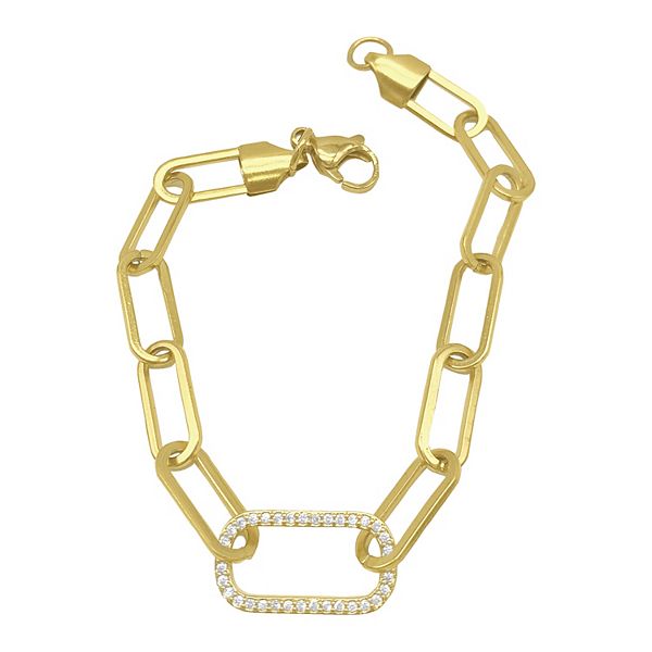 Adornia 14k Gold Plated Cubic Zirconia Oversized Link Paper Clip Chain Bracelet