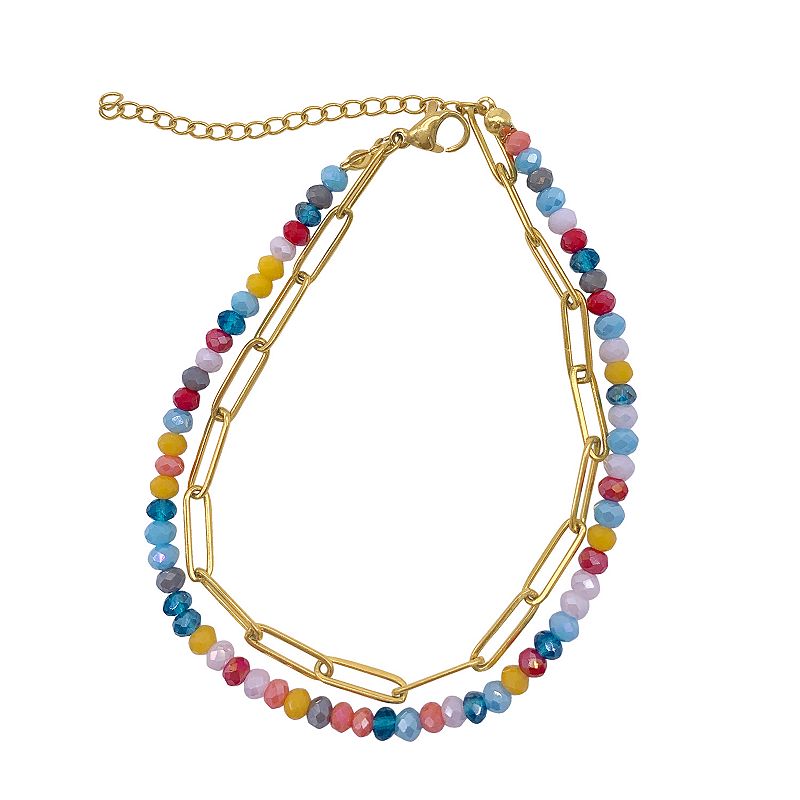Adornia 14k Gold Plated Multicolor Bead & Paper Clip Chain Double Bracelet,