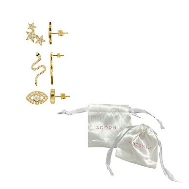 Adornia 14k Gold Plated Cubic Zirconia Evil Eye, Snake & Starburst Stud Earring Trio Set