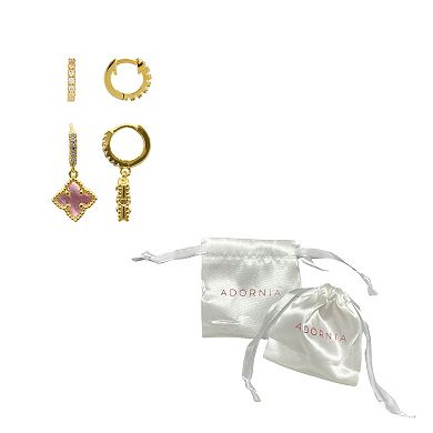Adornia 14k Gold Plated Cubic Zirconia Pink Mother-of-Pearl Huggie Hoop Earring Duo Set