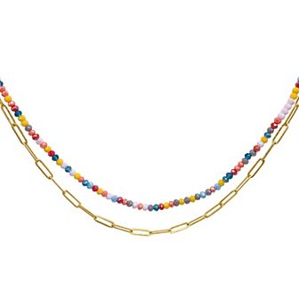 Adornia 14k Gold Plated Multicolor Bead & Paper Clip Chain Double Strand Necklace