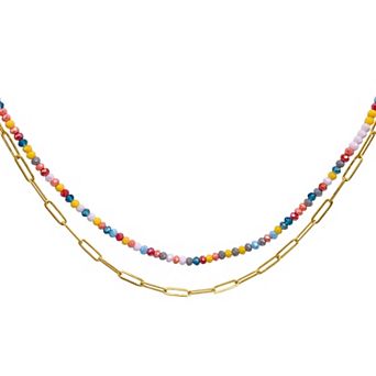 Adornia 14k Gold Plated Multicolor Bead & Paper Clip Chain Double Strand Necklace