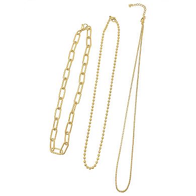 Adornia 14k Gold Plated Stainless Steel Box Chain, Ball Chain, & Oversized Paper Clip Chain Necklace Set