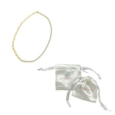 Adornia 14k Gold Plated Stainless Steel Cubic Zirconia Half Tennis Necklace & Paper Clip Chain