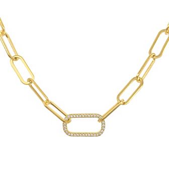 Adornia 14k Gold Plated Stainless Steel Cubic Zirconia Paper Clip Chain & Oversized Link Necklace