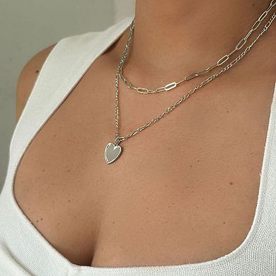 Adornia 14k Gold Plated Paper Clip & Figaro Chain Heart Pendant Necklace Set