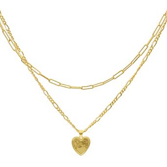 Adornia 14k Gold Plated Paper Clip & Figaro Chain Heart Pendant Necklace Set