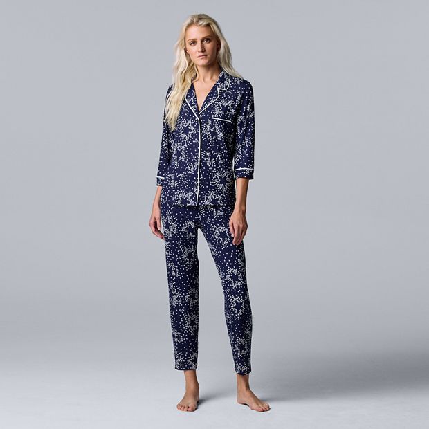 Women's Simply Vera Vera Wang Basic Luxury ¾ Sleeve Pajama Shirt & Pants  Sleep Set