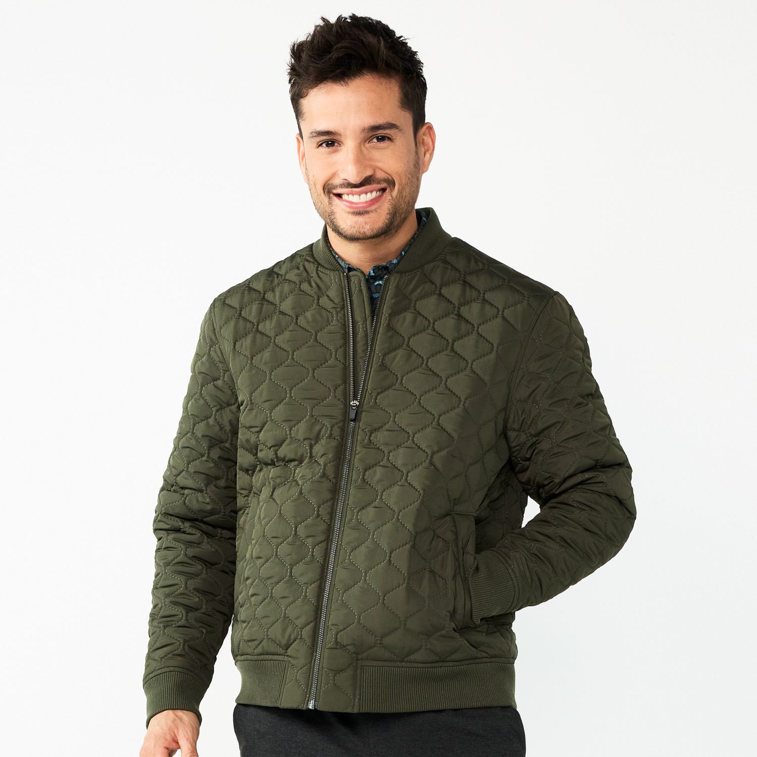 mens green quilted bomber jacket