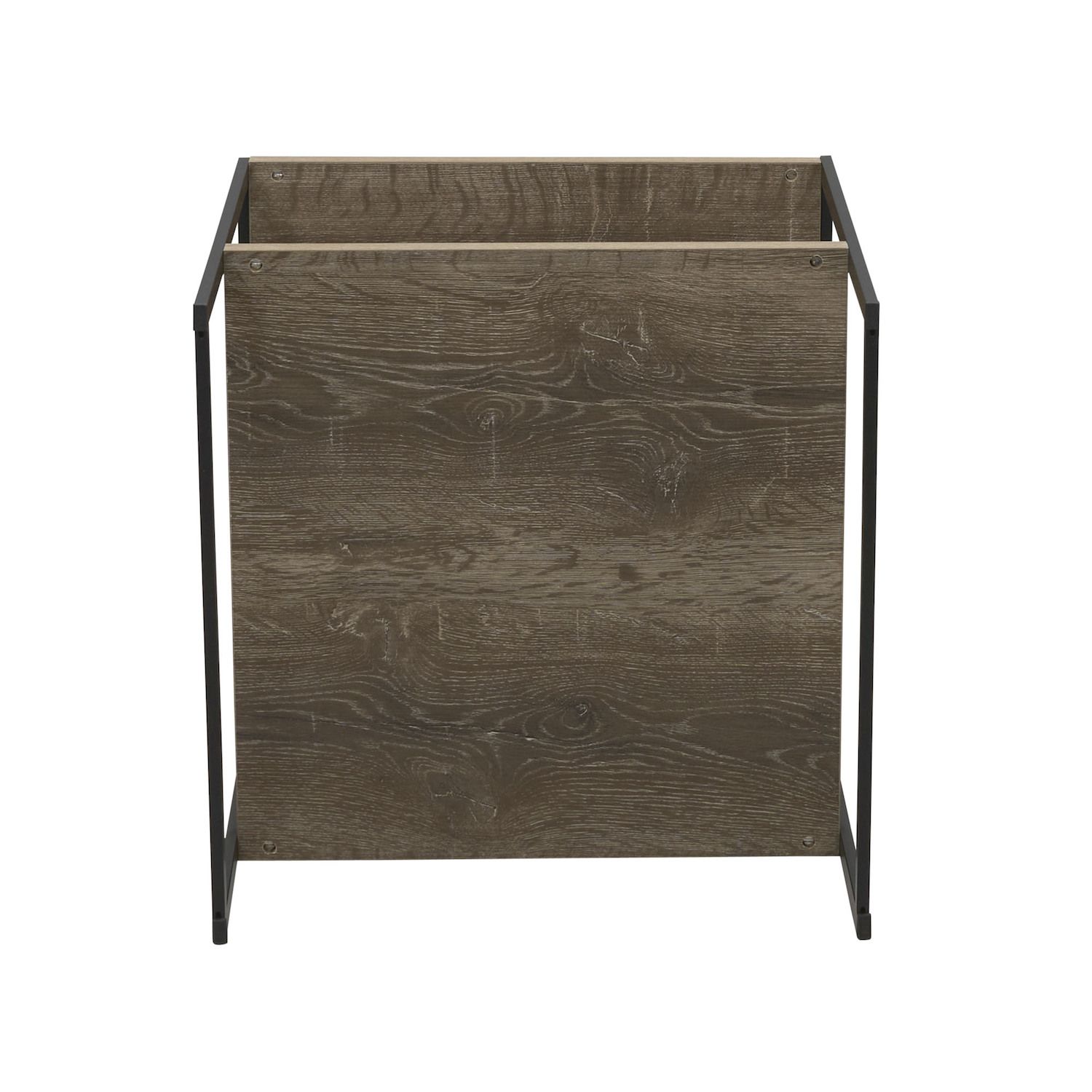 Ashwood low square end table side view showing tall woodgrain panel and black frame