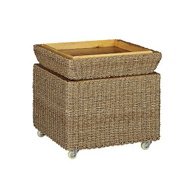 Household Essentials Rolling Seagrass Wicker Storage Ottoman with Lid