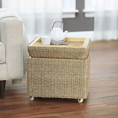 Household Essentials Rolling Seagrass Wicker Storage Ottoman with Lid