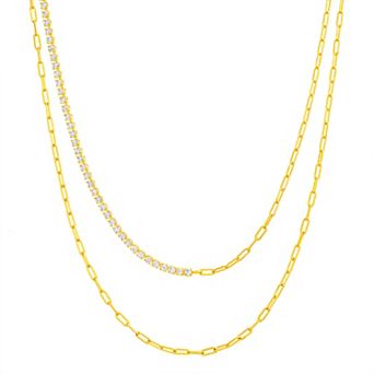Paige Harper 14k Gold Over Recycled Brass with Cubic Zirconia Tennis & Paper Clip Chain Layered Necklace