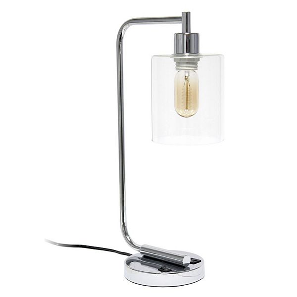 Simple Designs 18.8 in. Bronson Chrome Antique Style Industrial Iron Lantern Desk Lamp with USB Port and Glass Shade