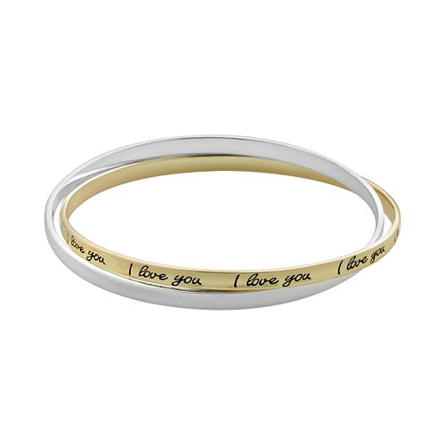 Two Tone Sterling Silver "I Love You" Interlock Bangle Bracelets